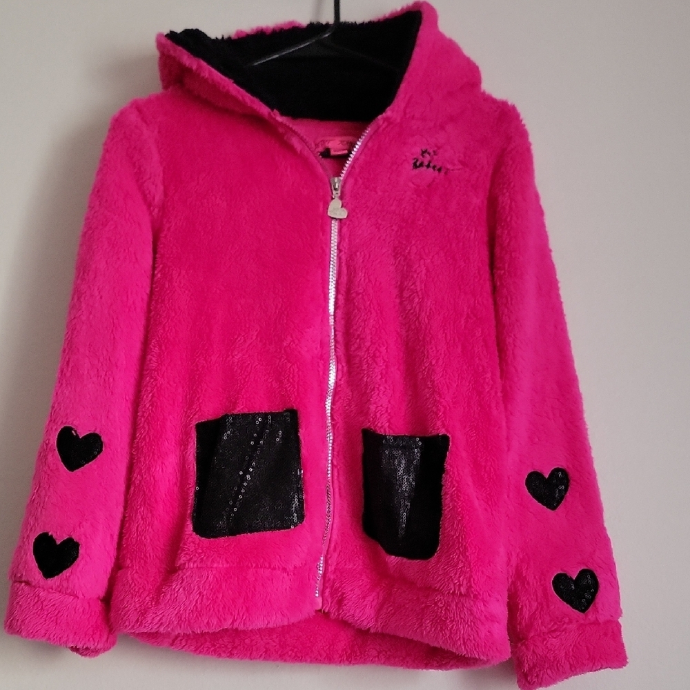 Betsy Johnson Pink & Black Fuzzy Zip Hoodie, GIRLS XL (14)